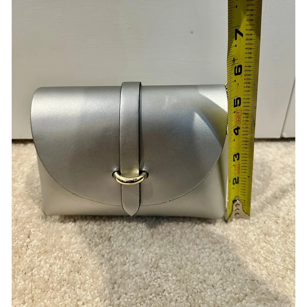 Silver Vintage Genuine Italian Leather Crossbody Bag with Gold Chain  & Pom Pom - Picture 3 of 8